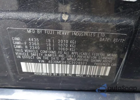 2012 Subaru Legacy 2.5I Premium from USA, damaged, VIN 4S3BMCB61C3028523